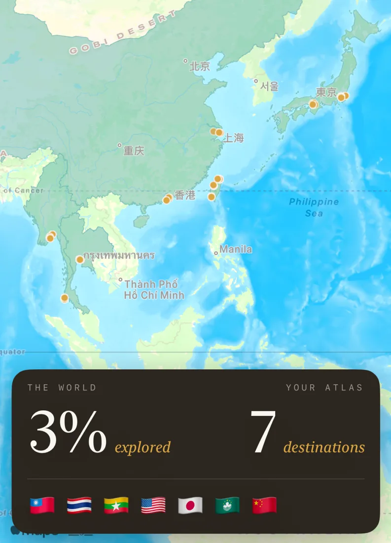 A world map with pins for every place visited and percent explored